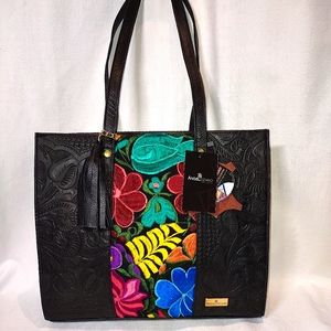 Angelozano Leonora Engraved Leather Tote with Floral Loom